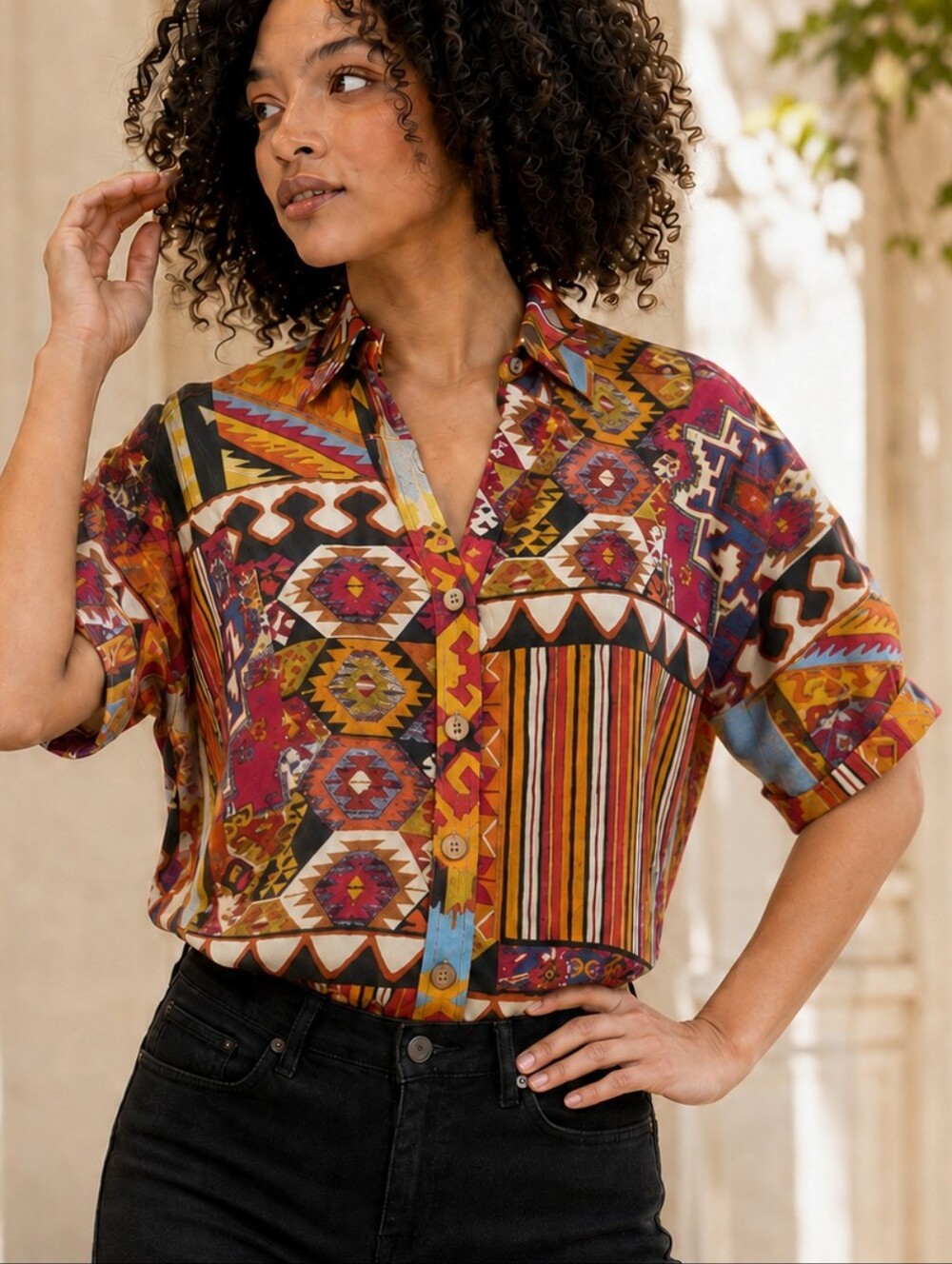 Christian Siriano New York colorful geometric print rayon shirt blouse